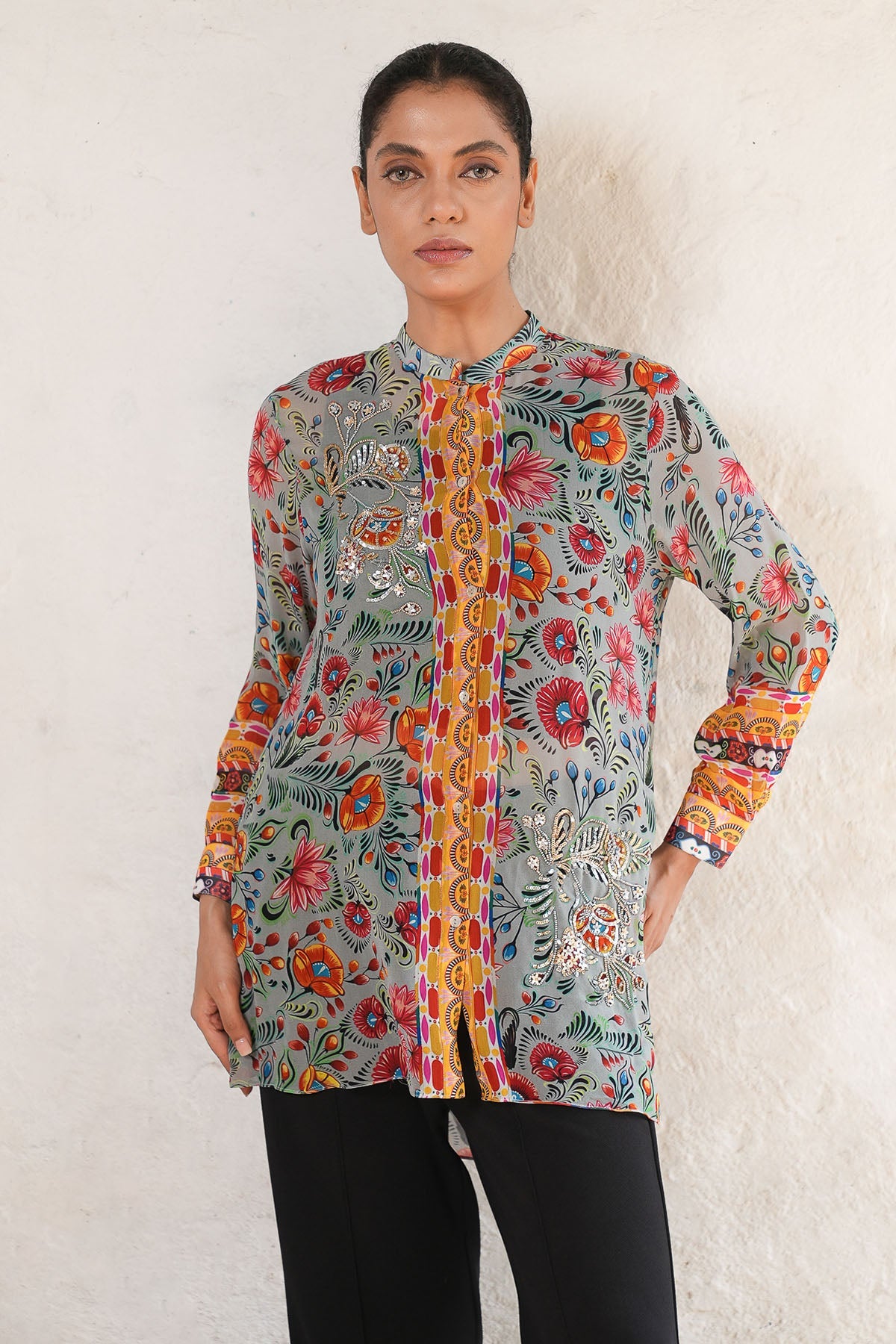 Buy Grey Georgette Printed Shirt by Saksham Neharicka for women online at ScrollnShops